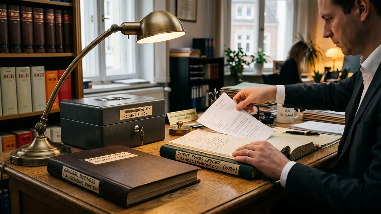 Ein Treuhänder trennt auf seinem Schreibtisch zwei Aktenordner für Kunden- und Eigenvermögen.