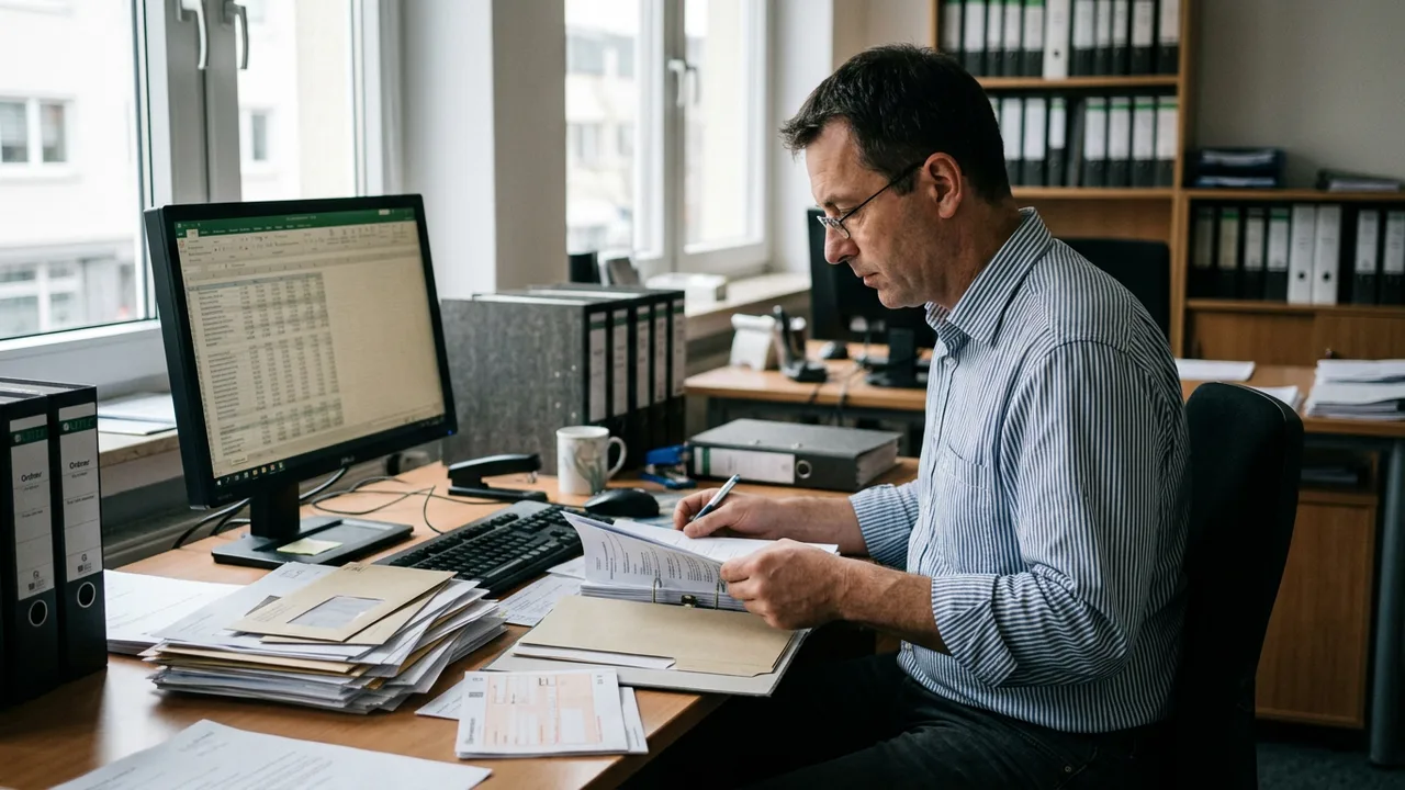 Ein Treuhänder sitzt an einem Schreibtisch mit Zahlungsbelegen und einem Computer im Büro.