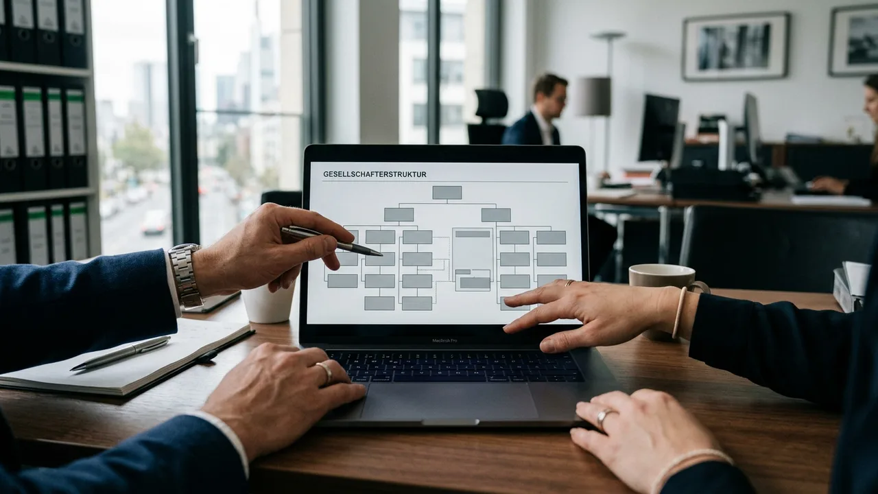 Zwei Hände zeigen auf ein Gesellschafter-Organigramm am Laptop-Bildschirm.