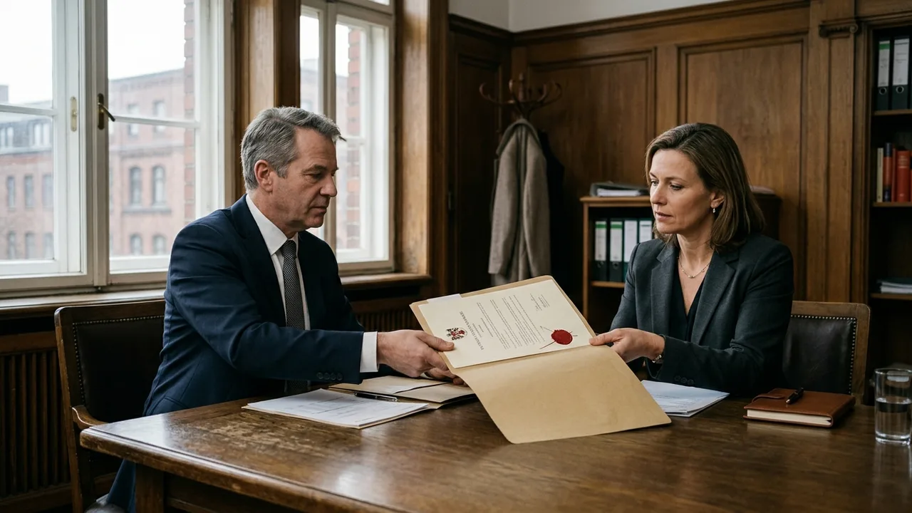 Berater übergibt in einem Besprechungsraum Vertragsunterlagen an eine Geschäftsfrau.