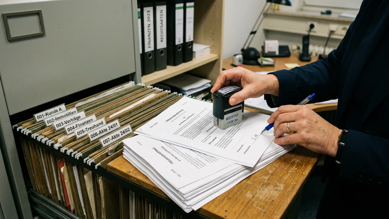 Hände stempeln und paraphieren Seiten eines Treuhandvertrags vor einem Aktenschrank.