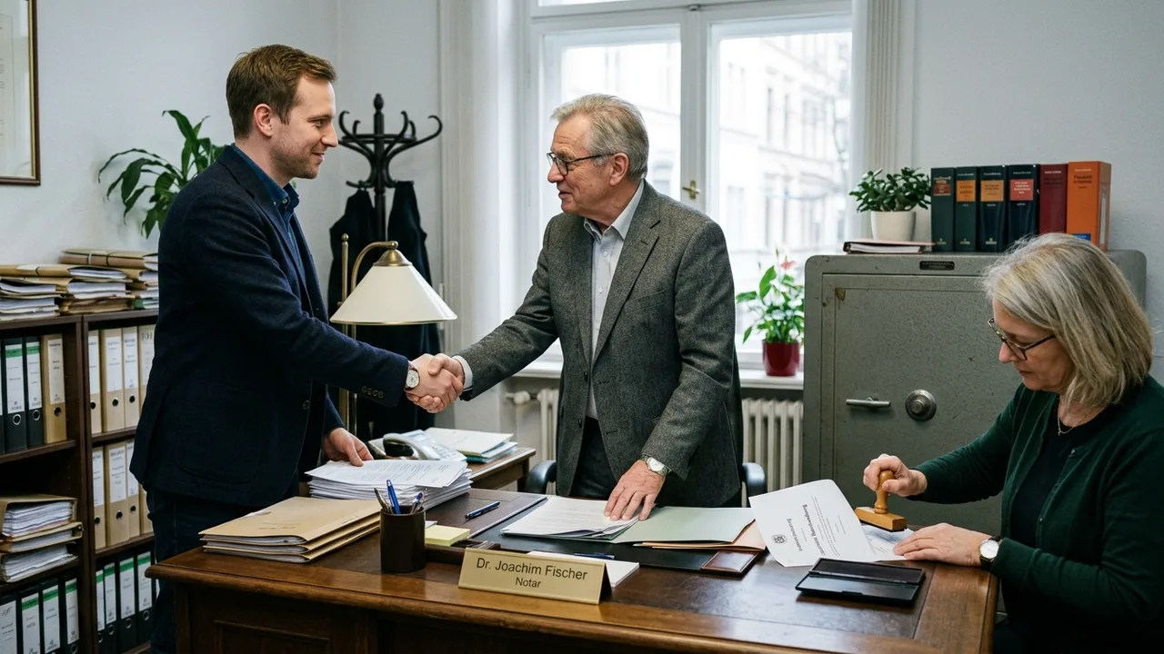Zwei Vertragsparteien reichen sich die Hand, während ein Treuhänder ein Dokument im Büro stempelt.