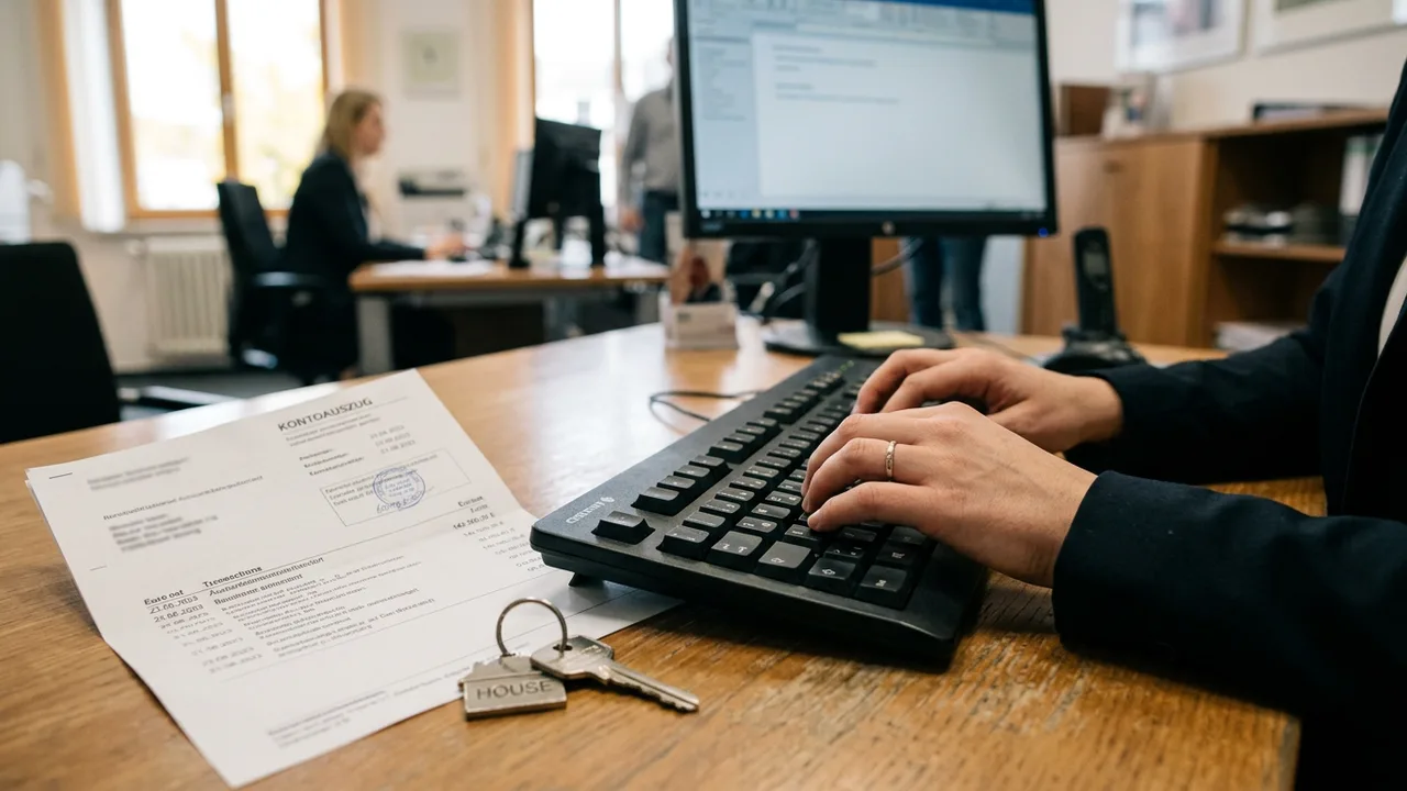 Hände tippen am Computer neben Kontoauszug und Hausschlüssel auf einem Bankschreibtisch.