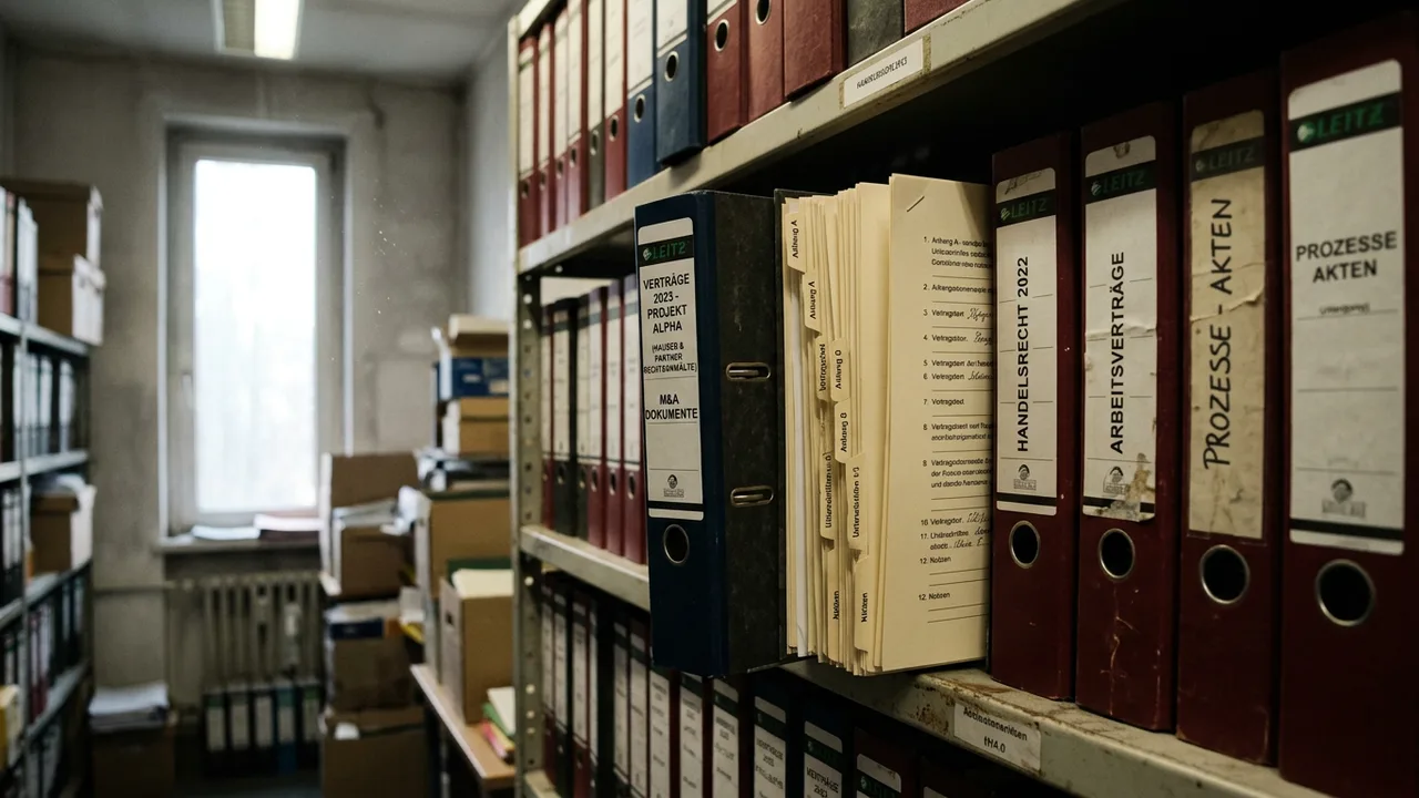 In einem Aktenarchiv einer Kanzlei ist ein Ordner mit Vertragsunterlagen halb herausgezogen.
