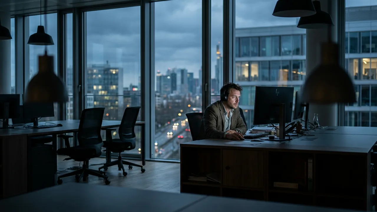 Mitarbeiter arbeitet abends allein an seinem Schreibtisch im Büro