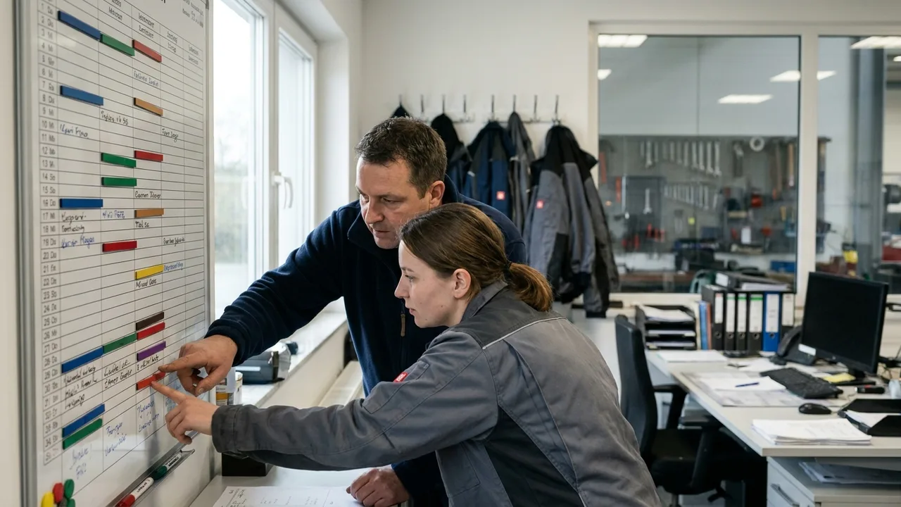 Vorgesetzter und Mitarbeiter besprechen einen Schichtplan an der Wand