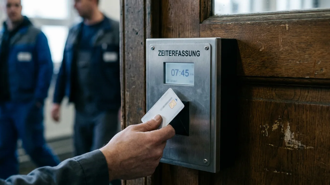 Hand hält Chipkarte an ein Zeiterfassungsterminal am Werkseingang