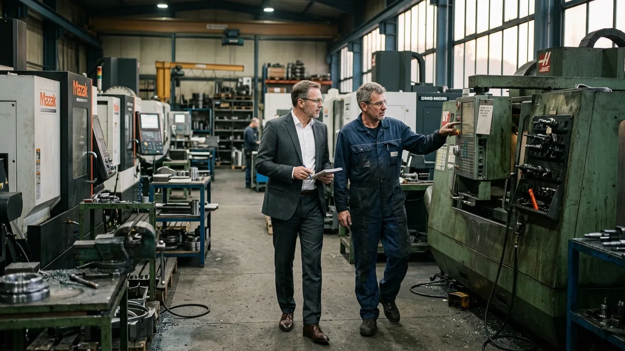 Ein Investor und ein Werksleiter begutachten Maschinen in einer Fabrikhalle mit stillstehenden Anlagen.