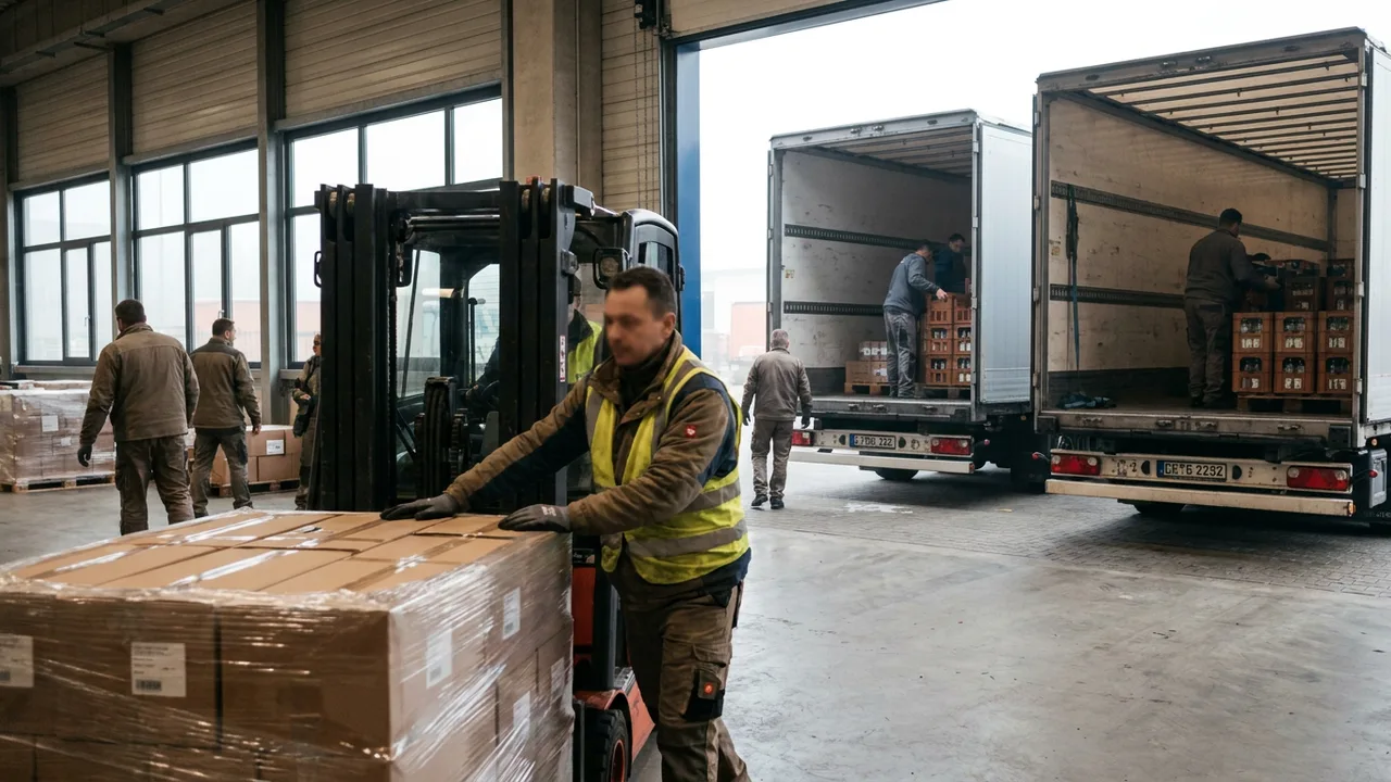 Lkw werden an einer Laderampe eines deutschen Logistikzentrums beladen.