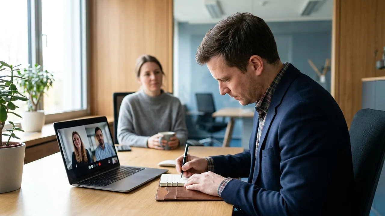 Ein Berater nimmt an einer Videokonferenz mit Geschäftspartnern teil und macht Notizen.