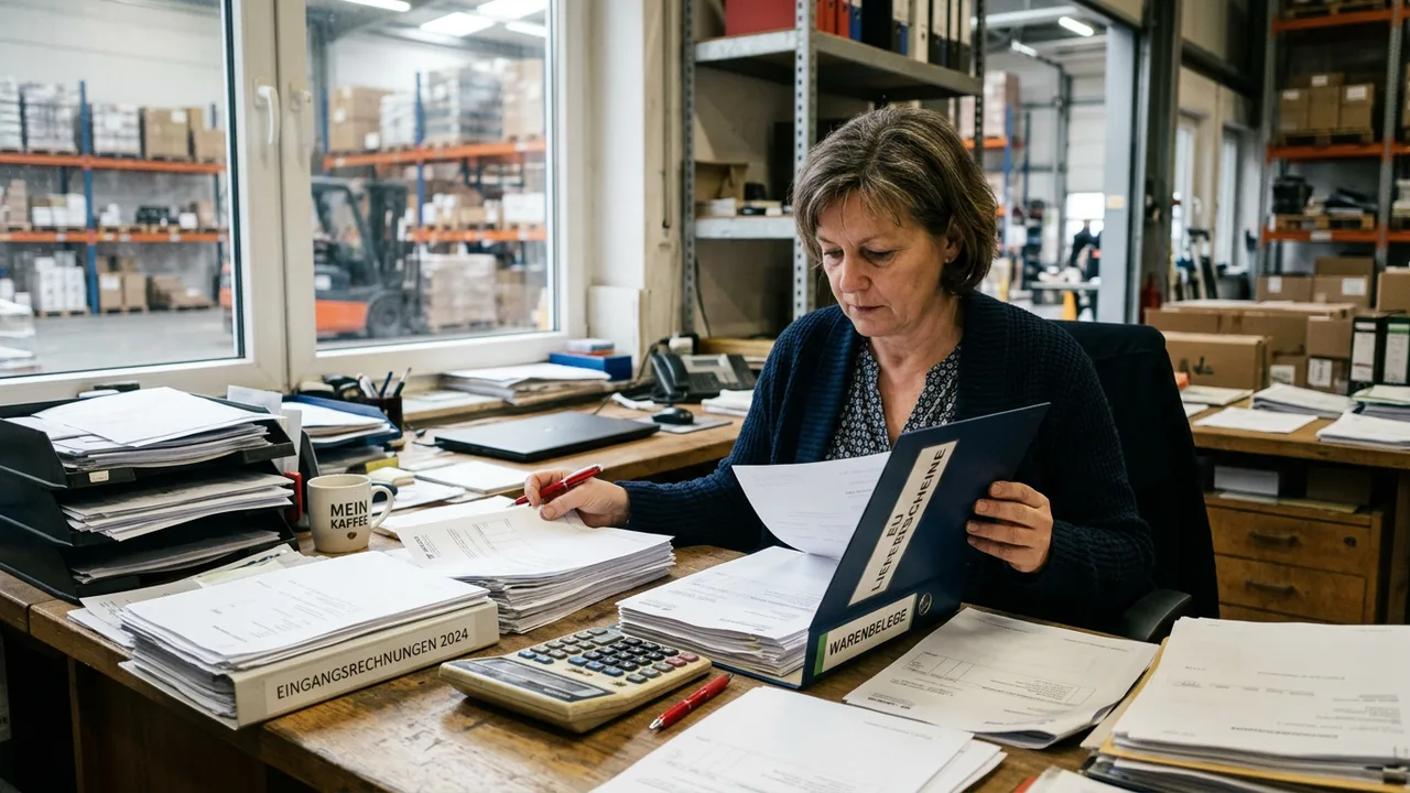 Ein Unternehmer sortiert an einem Schreibtisch Rechnungsordner und Lieferpapiere.
