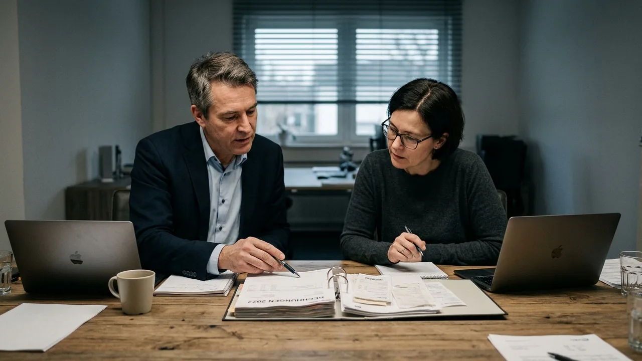 Ein Betriebsprüfer und eine Buchhalterin prüfen gemeinsam an einem Tisch Rechnungsunterlagen.