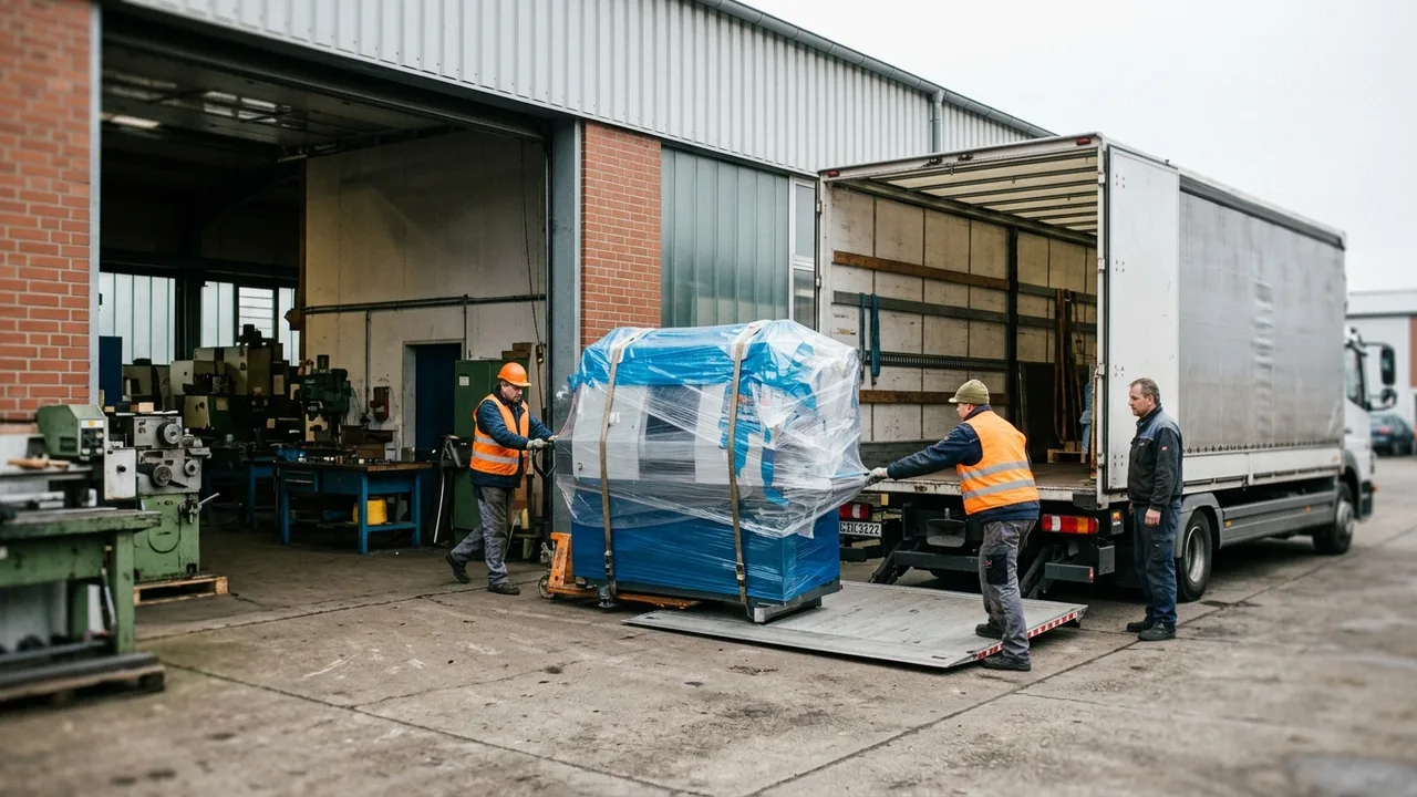 Arbeiter laden neue, foliengeschützte Maschinen von einem Lkw in eine Werkshalle.