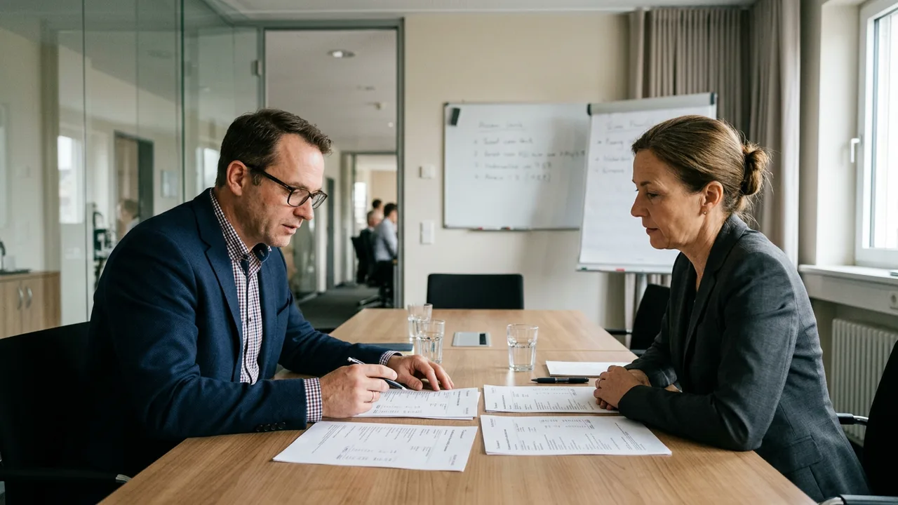 Unternehmer und Bankberater besprechen Finanzierungsangebote an einem Tisch im Besprechungsraum.