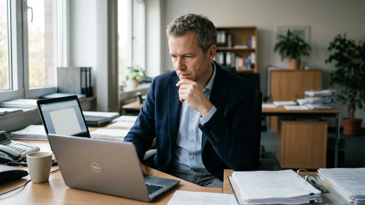 Geschäftsführerin sitzt am Schreibtisch und schaut auf Auswertungen einer Mitarbeiterbefragung auf einem Laptop.