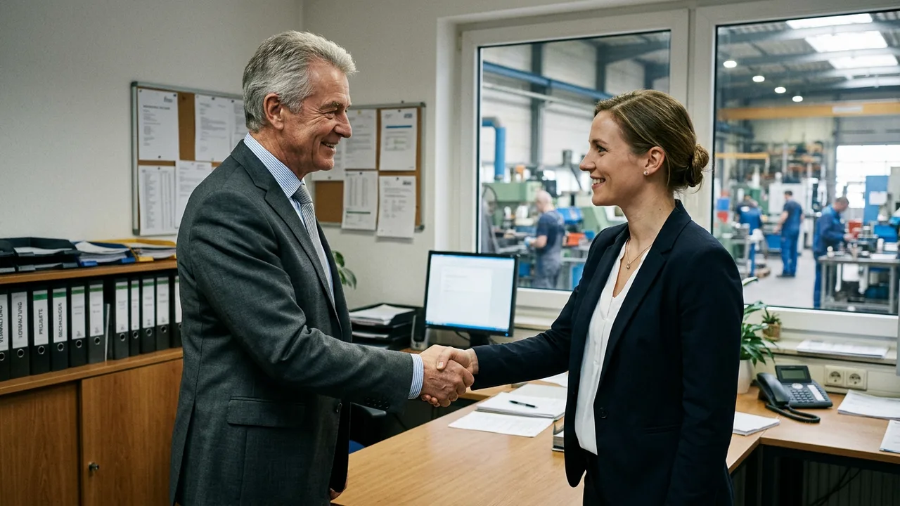 Seniorchef und jüngerer Nachfolger geben sich im Büro eines mittelständischen Unternehmens die Hand.