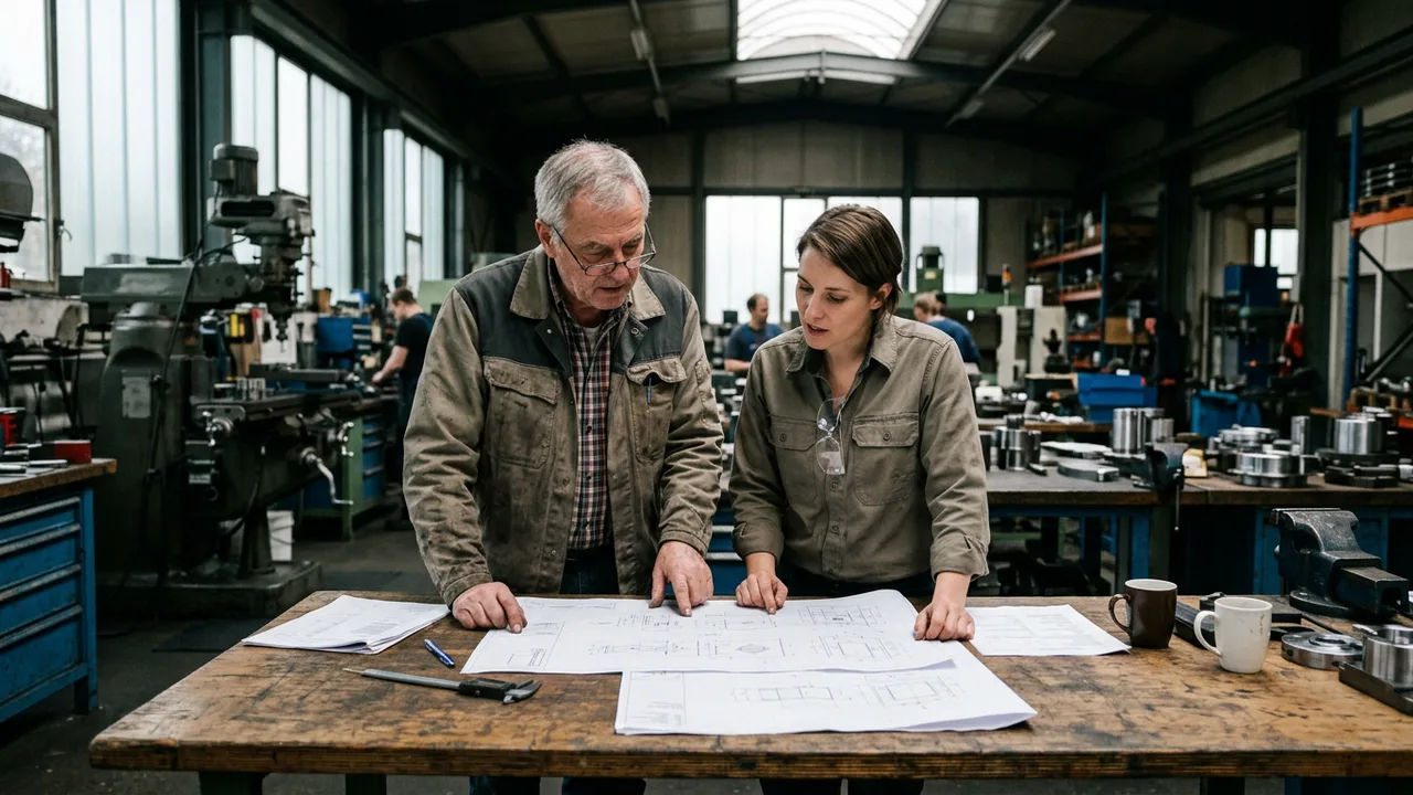 Zwei Generationen besprechen an einem Werkstatttisch Unterlagen zur Betriebsübergabe.