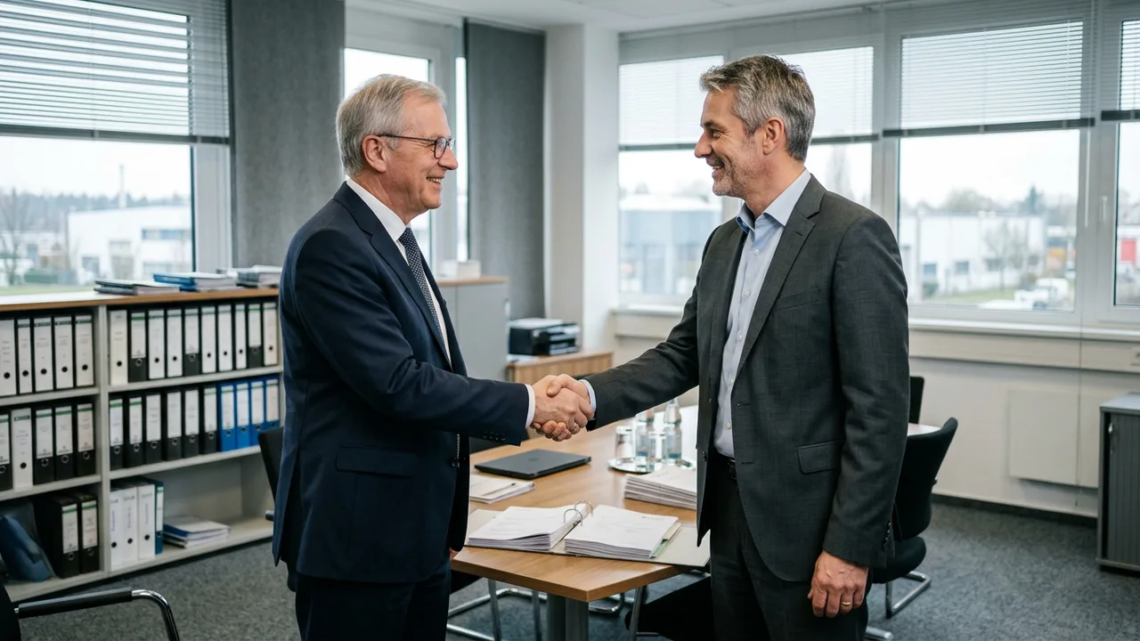 Übergabe eines Betriebsschlüssels zwischen Geschäftsführern in einem mittelständischen Unternehmen