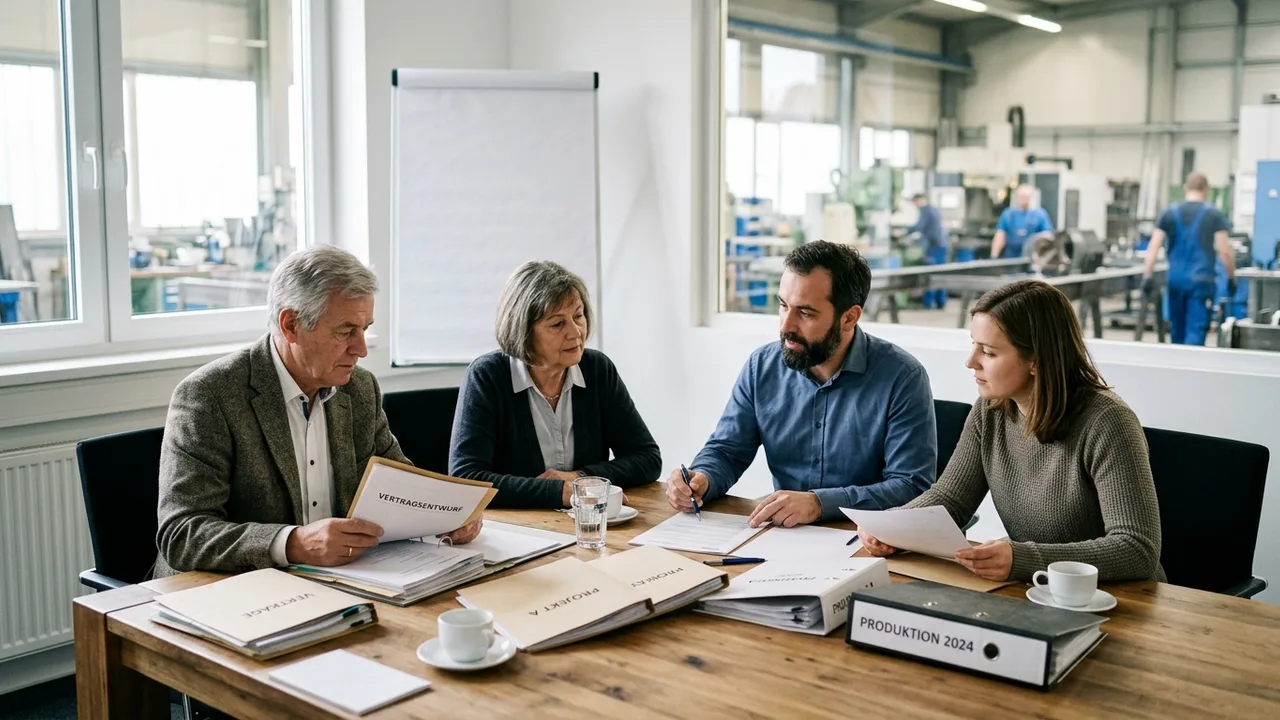 Übergabegespräch zwischen zwei Generationen an einem Konferenztisch mit Unterlagen und Aktenordnern