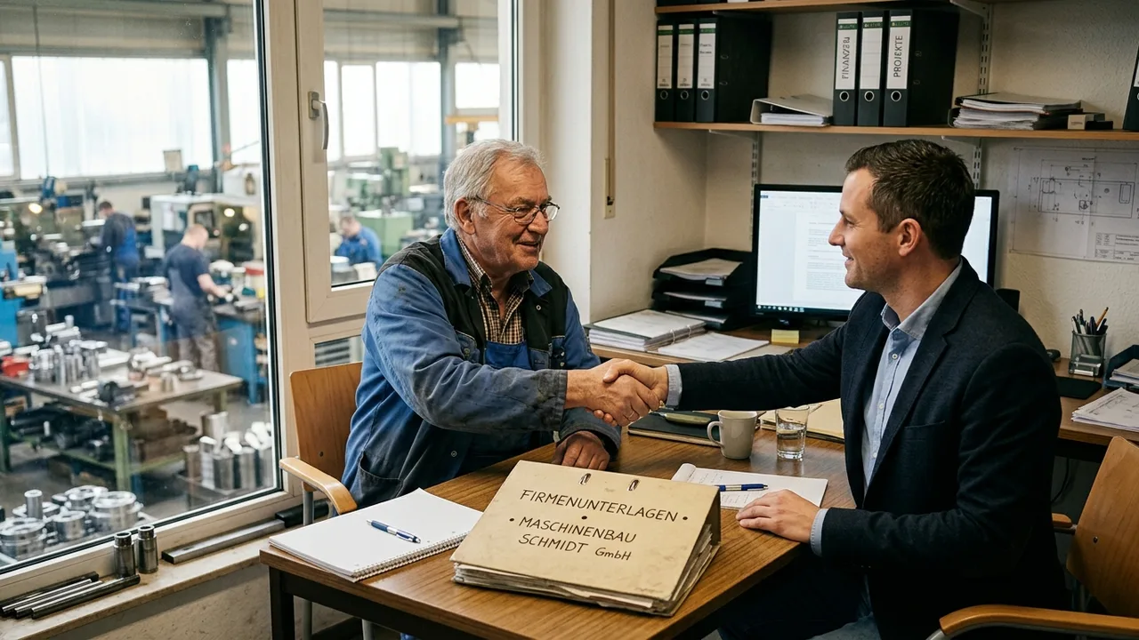 Ein älterer Unternehmer und ein jüngerer Interessent stehen sich in einem Büro gegenüber, dazwischen liegt ein Aktenordner.