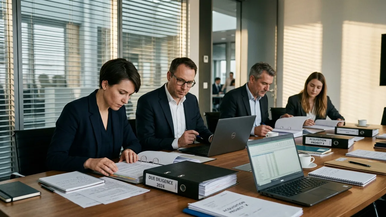 Berater sitzen in einem Besprechungsraum über Aktenordnern und einem Laptop und prüfen Unterlagen.