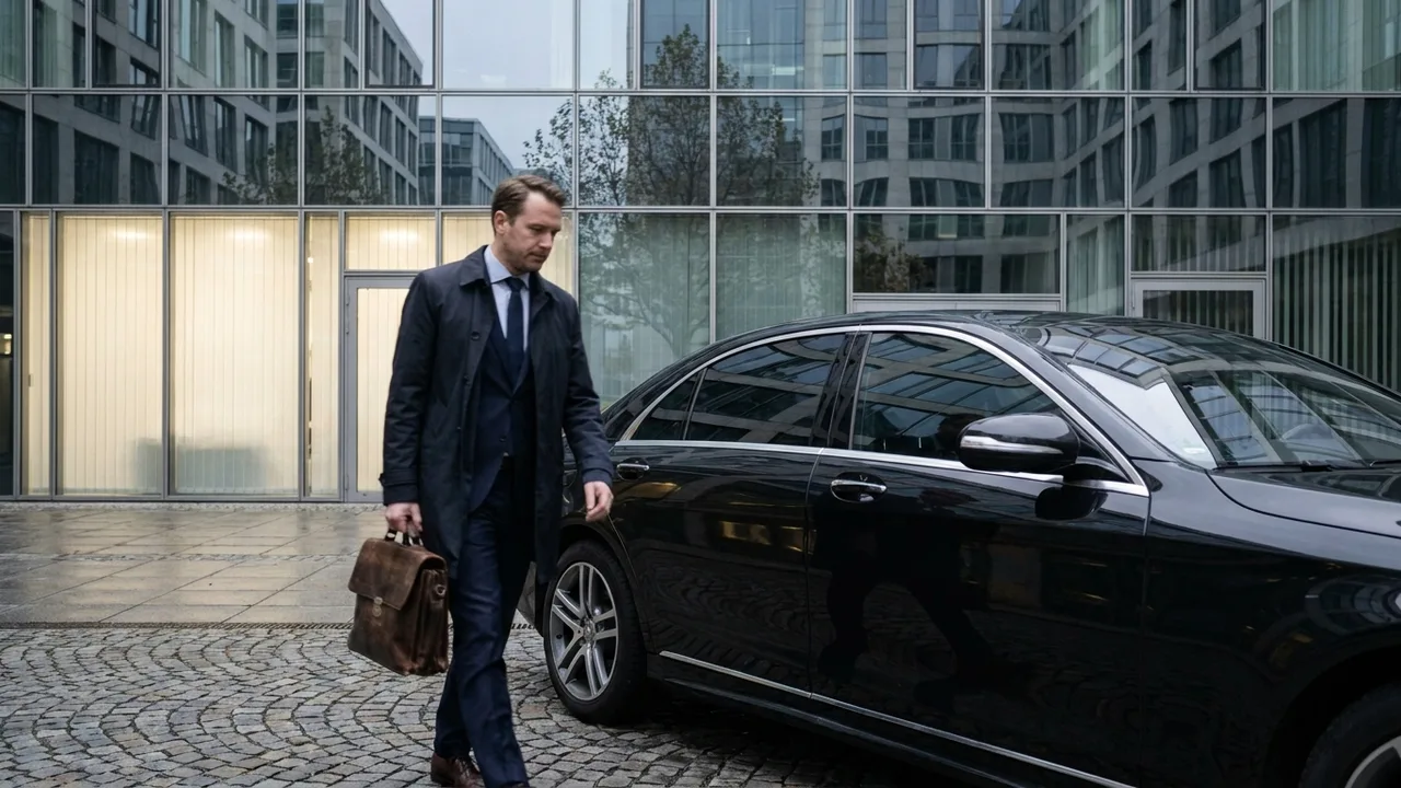 Dienstwagen vor einem Bürogebäude, Geschäftsführer geht auf das Fahrzeug zu