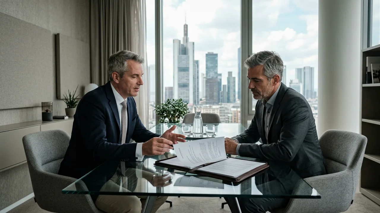 Ein Kunde und ein Berater besprechen an einem Glastisch eine Portfolioübersicht, im Hintergrund eine Skyline.