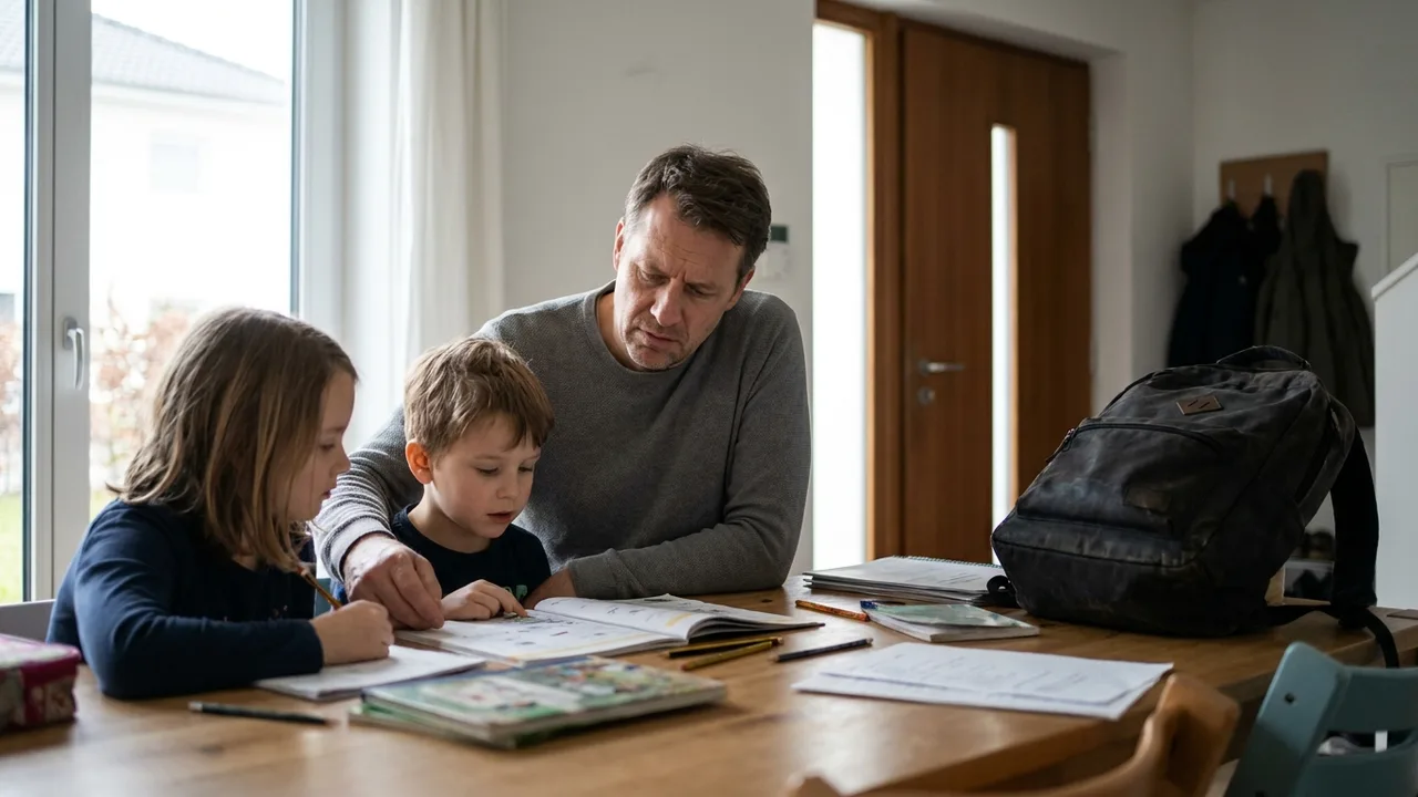 Vater hilft Kindern bei Hausaufgaben, daneben steht eine gepackte Pendlertasche