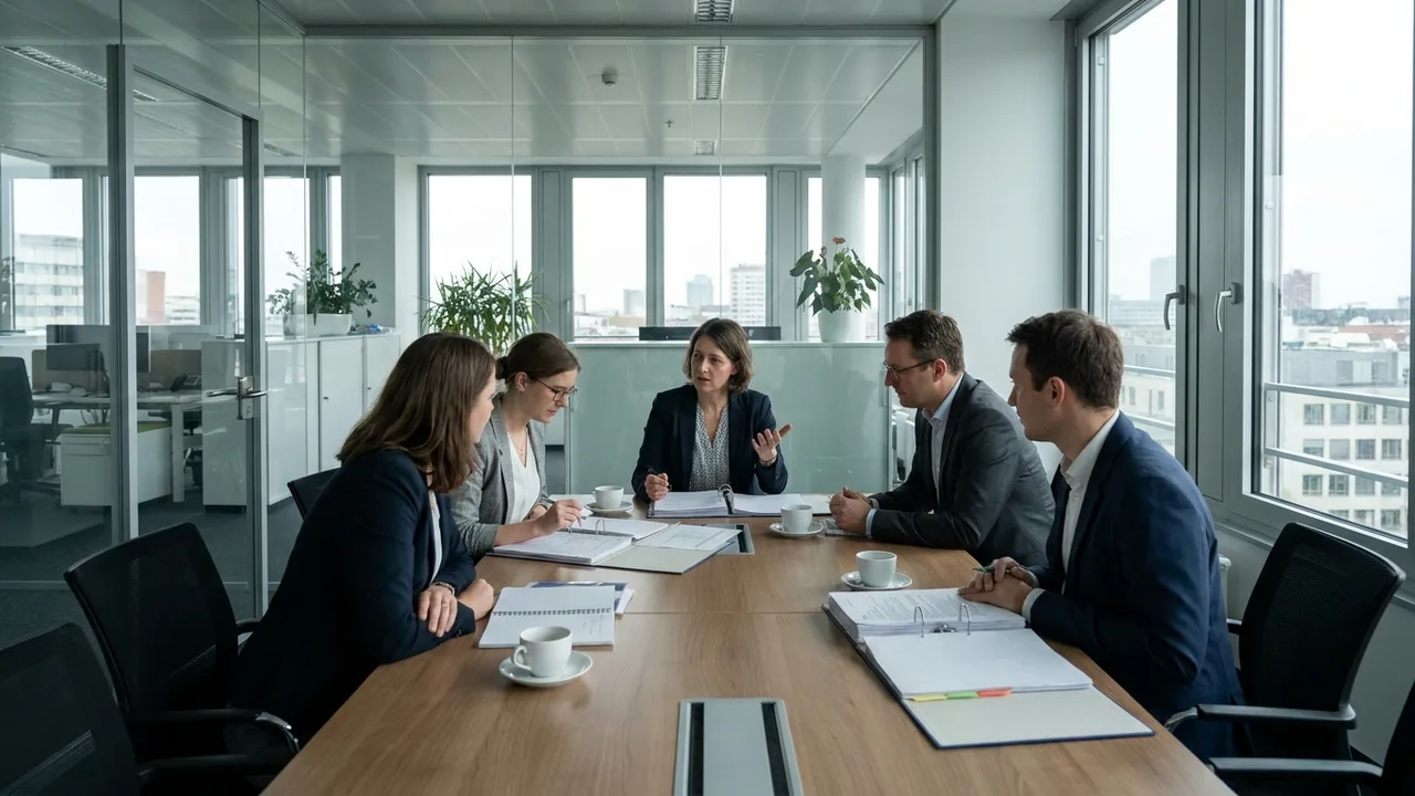 Betriebsratssitzung mit fünf Personen und Unterlagen am Besprechungstisch