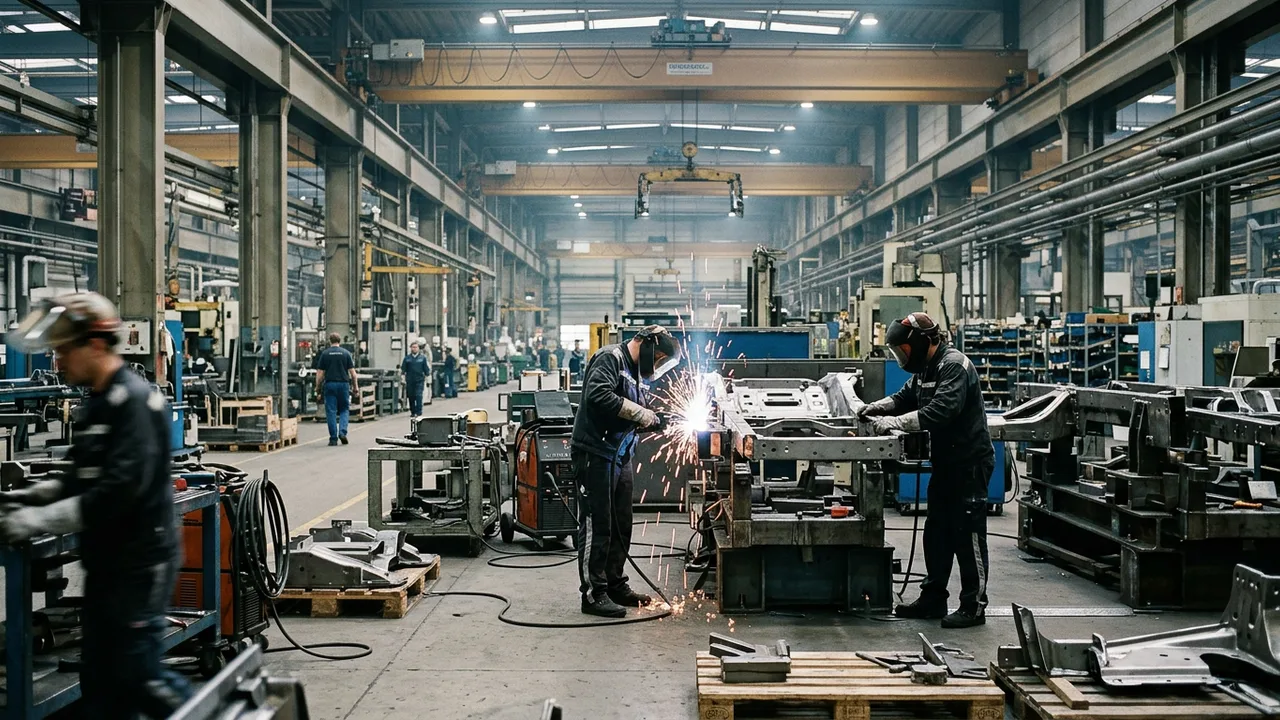 Arbeiter in Schutzkleidung montieren in einer Werkshalle schwere Metallbauteile für Fahrzeuge, im Hintergrund Kräne.