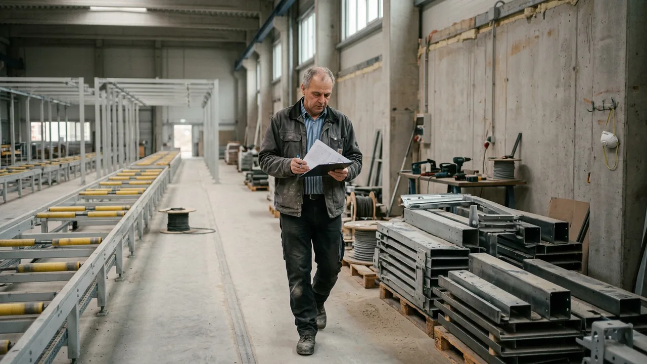 Ein Ingenieur geht mit einem Klemmbrett durch eine neu gebaute, teils noch unfertige Fertigungshalle.