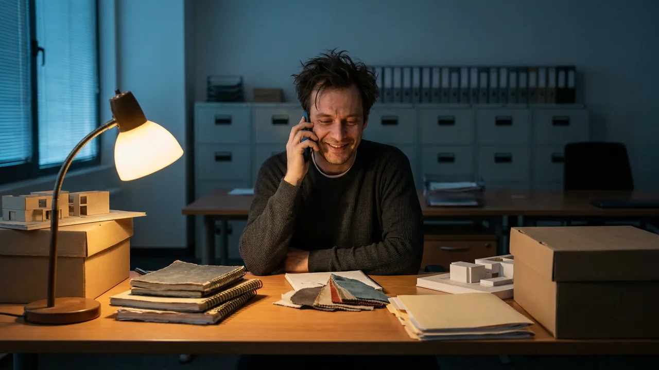 Firmengründer telefoniert abends allein im Büro mit Kunden