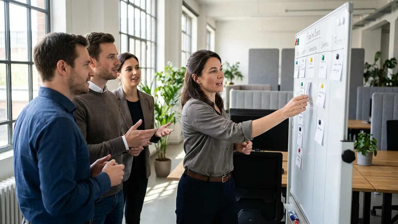 Vertriebsteam bespricht die Pipeline an einem Board mit Karten