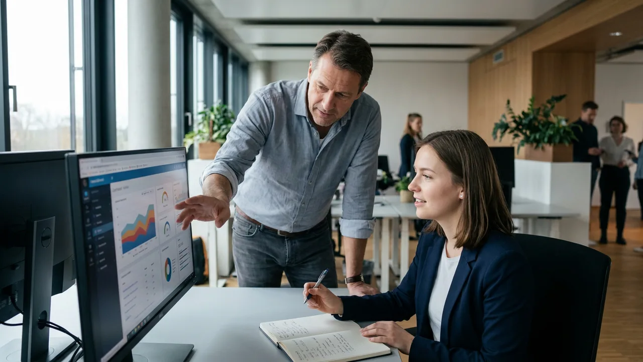 Vertriebsleiter arbeitet neuen Mitarbeiter am CRM-System ein