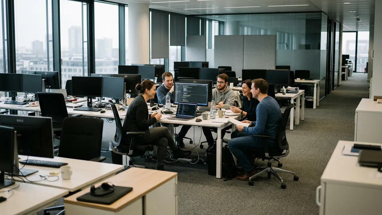 Größtenteils leeres Großraumbüro mit wenigen Mitarbeitenden an einem besetzten Arbeitsplatz