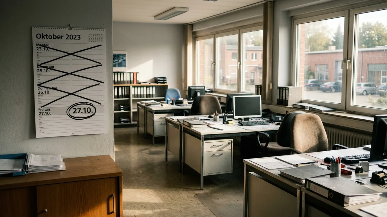 Ein leeres Büro an einem freien Freitag mit einem Wandkalender.