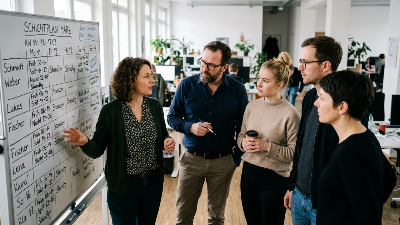 Ein Team bespricht Schichtpläne an einem Whiteboard.