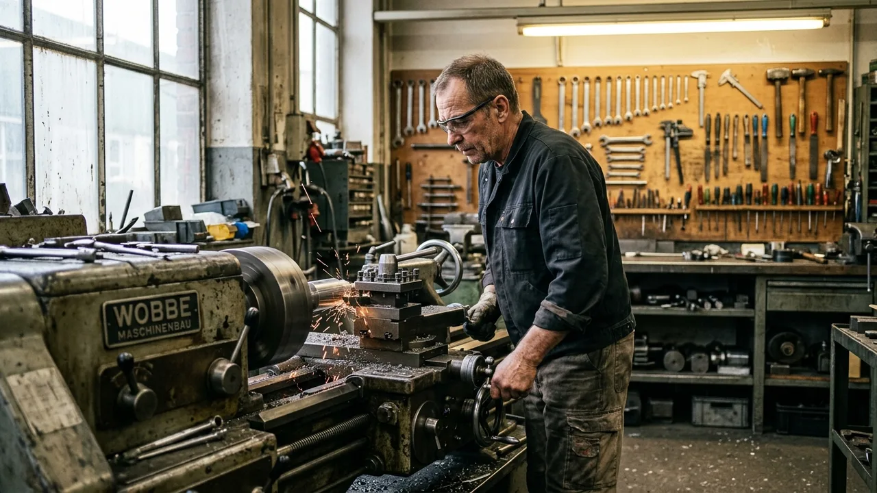 Handwerker arbeitet an einer Drehbank in einer Werkstatt