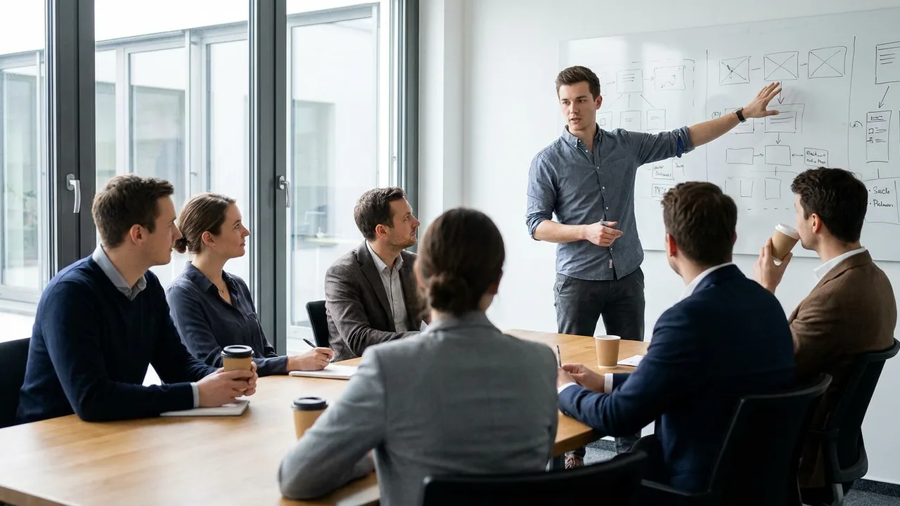 Junger Teamleiter moderiert eine Teambesprechung am Whiteboard