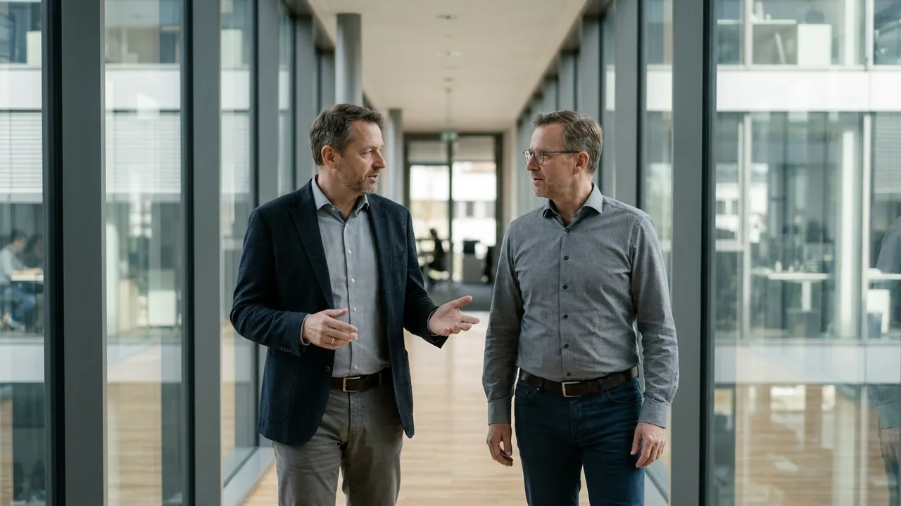 Führungskraft und Mitarbeiter im Gespräch auf dem Büroflur