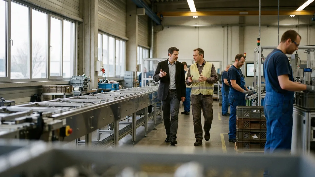 Vorläufiger Verwalter und Geschäftsführer gehen im Gespräch durch eine laufende Produktionshalle.