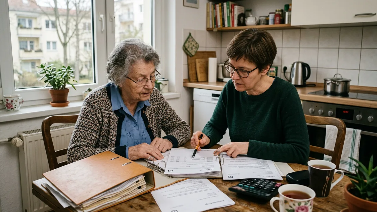 Erwachsene Tochter und ihre ältere Mutter sitzen am Küchentisch und prüfen gemeinsam Kontoauszüge und Unterlagen
