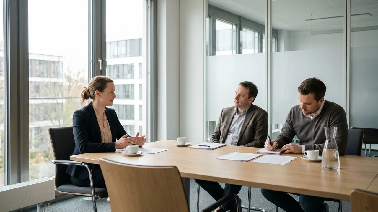 Bewerberin im Vorstellungsgespräch mit zwei Interviewern an einem hellen Konferenztisch