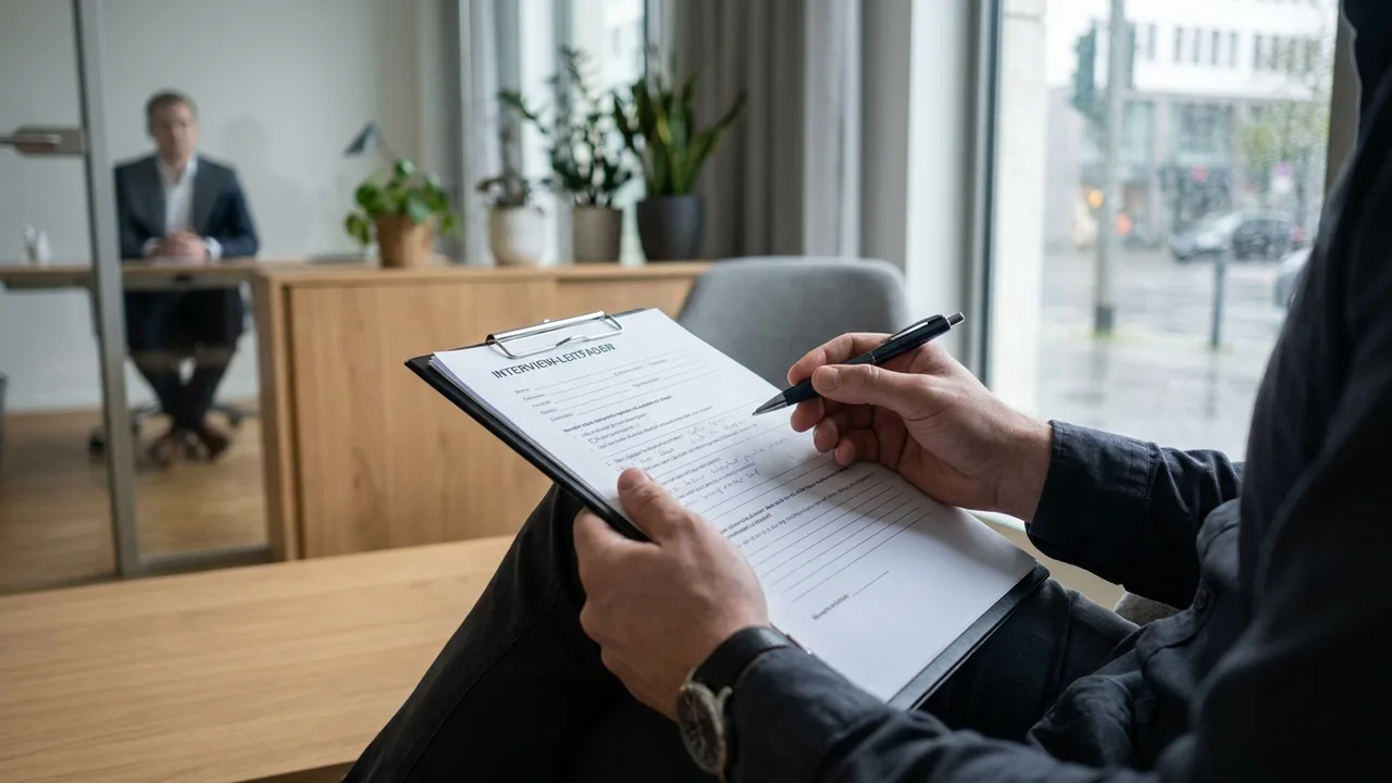 Interviewer mit Fragebogen und Stift, im Hintergrund unscharf der Bewerber