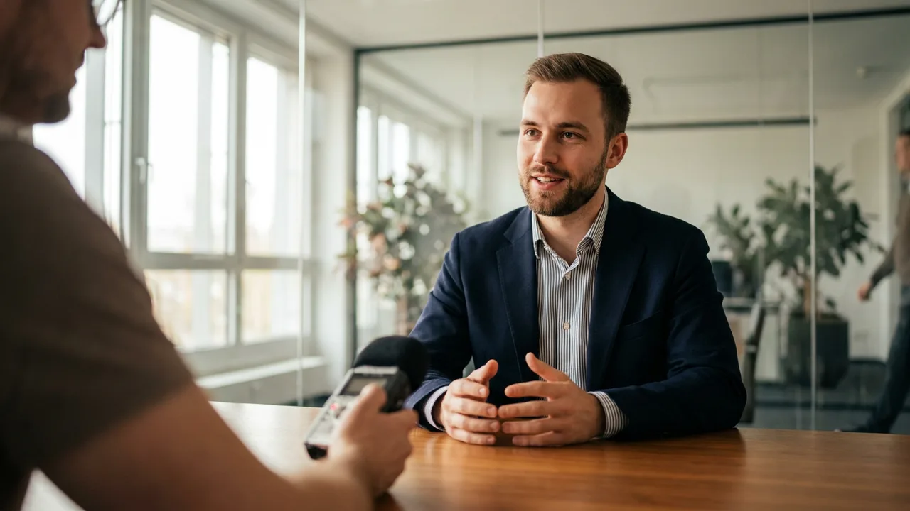 Selbstbewusster Bewerber beantwortet eine Frage im Bewerbungsgespräch
