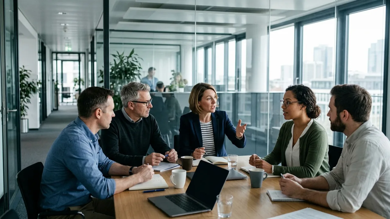 Führungsteam bespricht sich in einem Glas-Besprechungsraum eines mittelständischen Unternehmens