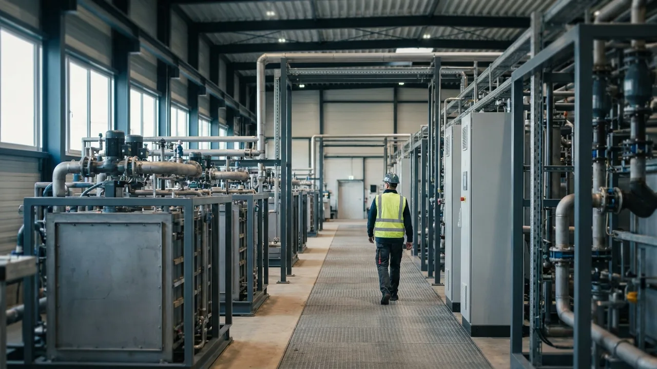 Ingenieur geht durch eine Halle mit Elektrolyseur-Modulen