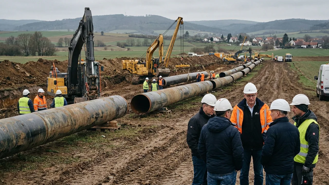 Baustelle einer Pipeline mit aufgereihten Rohrsegmenten