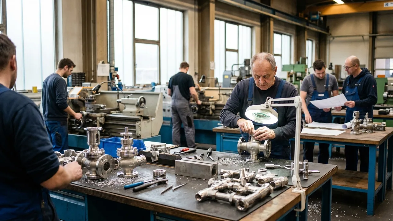 Techniker montieren Edelstahlarmaturen in einer Werkstatt
