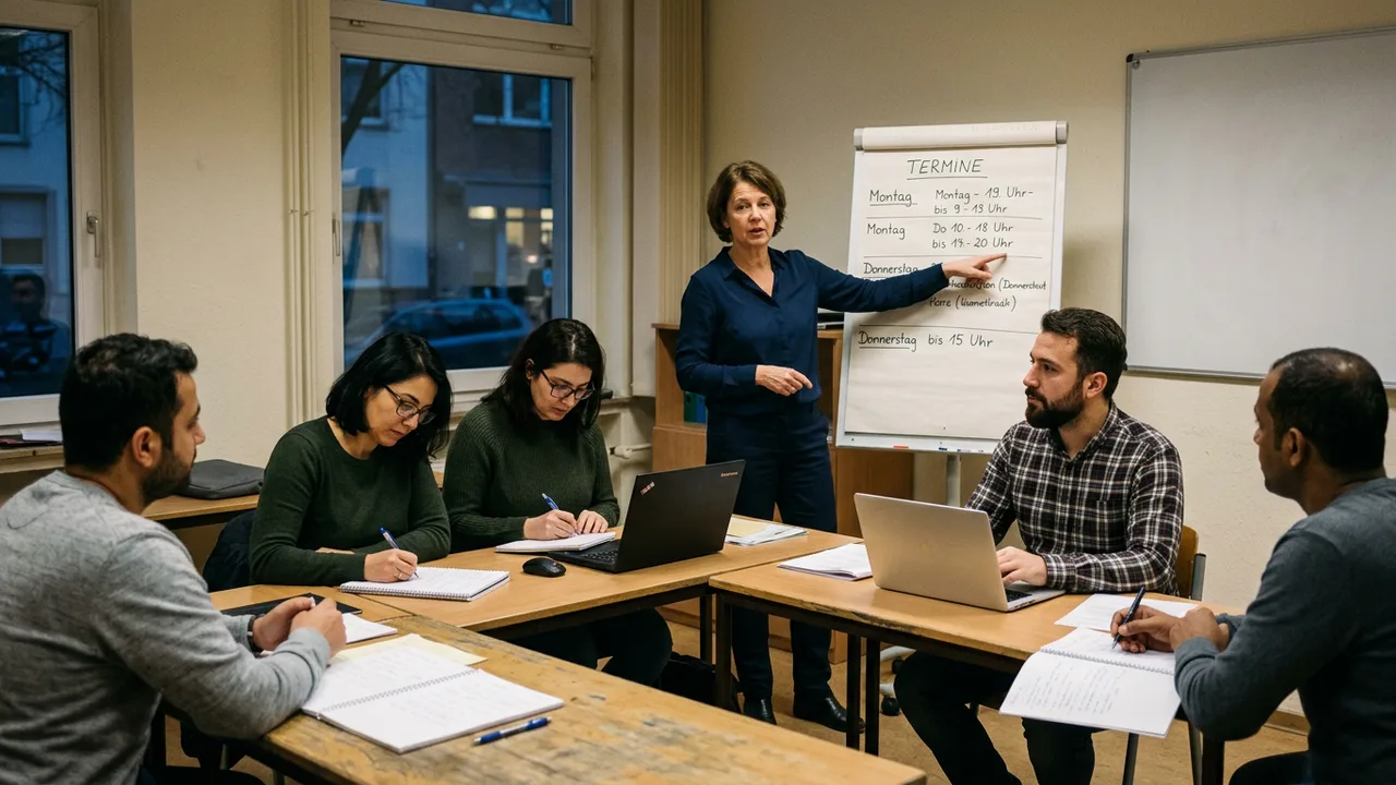 Berufstätige sitzen abends in einem Weiterbildungskurs vor Laptops und Unterlagen.